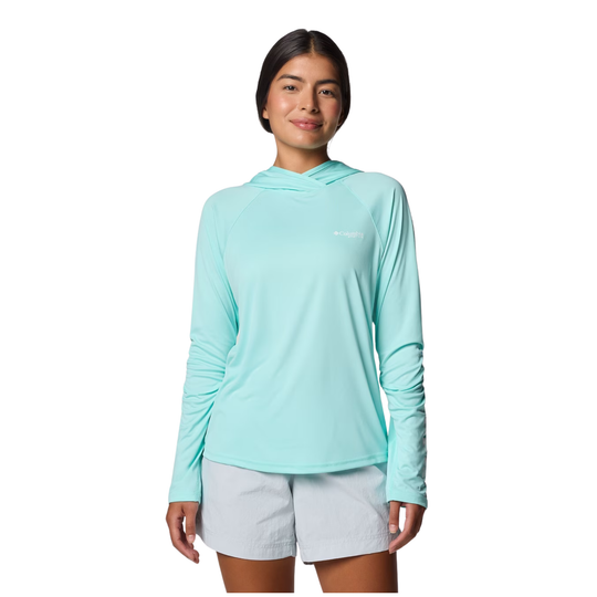 Woman wearing Columbia Women's PFG Tidal Tee II Hoodie - Gulf Stream on white background