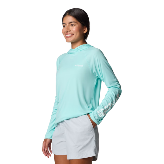 side view of Woman wearing Columbia Women's PFG Tidal Tee II Hoodie - Gulf Stream on white background