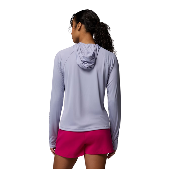 back of woman wearing Columbia Women's PFG Tidal Tee II Hoodie - New Moon on white background