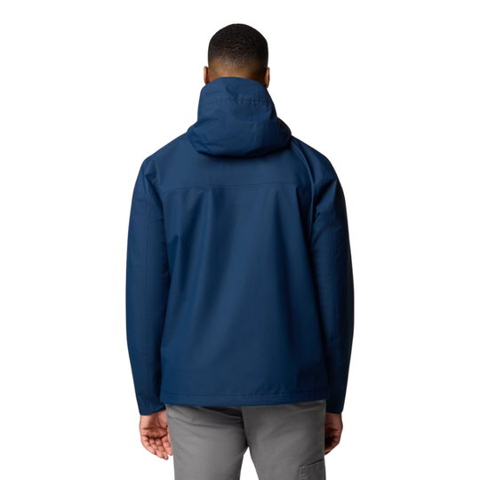 back of man wearing Columbia Men's Hikebound II Rain Jacket - Collegiate Navy on white background