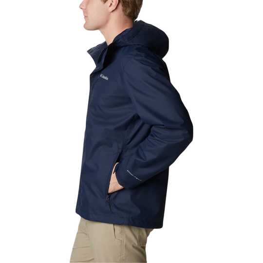 side of man wearing Columbia Men's Hikebound II Rain Jacket - Collegiate Navy on white background