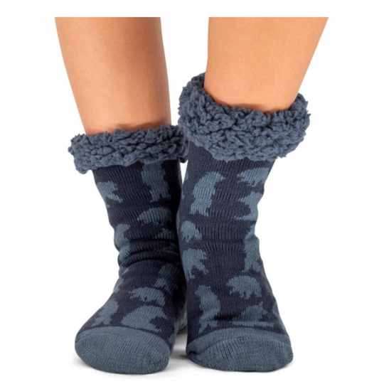 Blue fuzzy sock with bear print front view