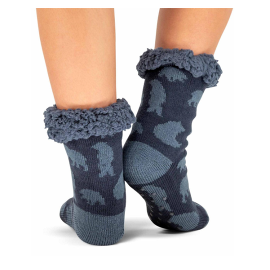 Blue fuzzy sock with bear print back view