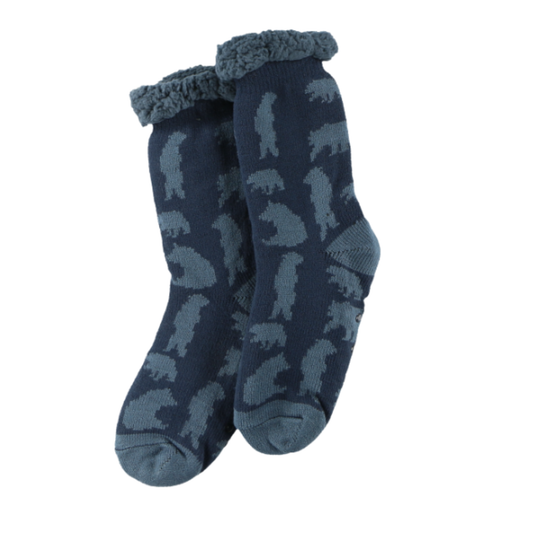 Blue fuzzy sock with bear print side view