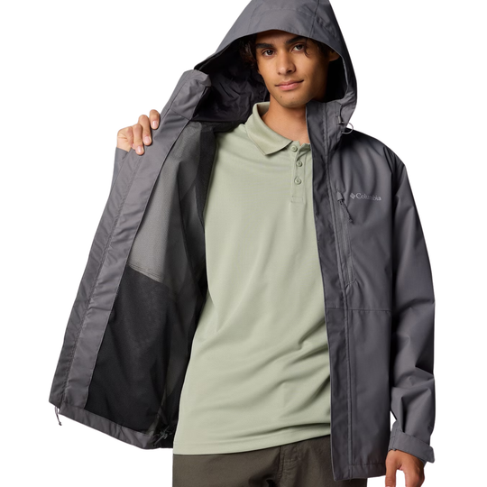 inside mesh of jacket. Man wearing Columbia Men's Hikebound II Rain Jacket - City Grey on white background