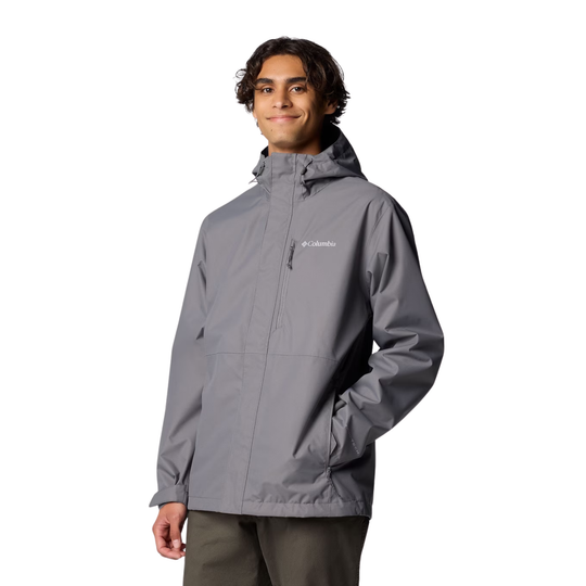 Man wearing Columbia Men's Hikebound II Rain Jacket - City Grey on white background