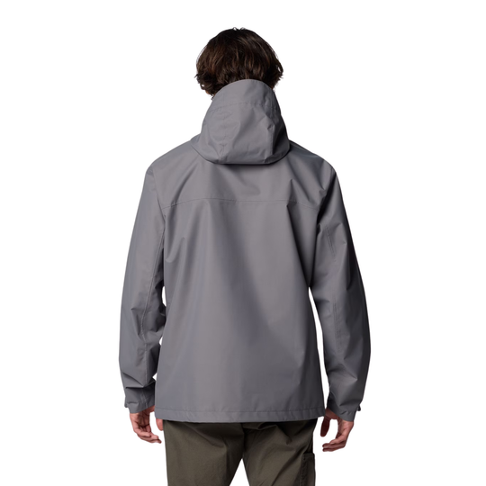 back of Man wearing Columbia Men's Hikebound II Rain Jacket - City Grey on white background