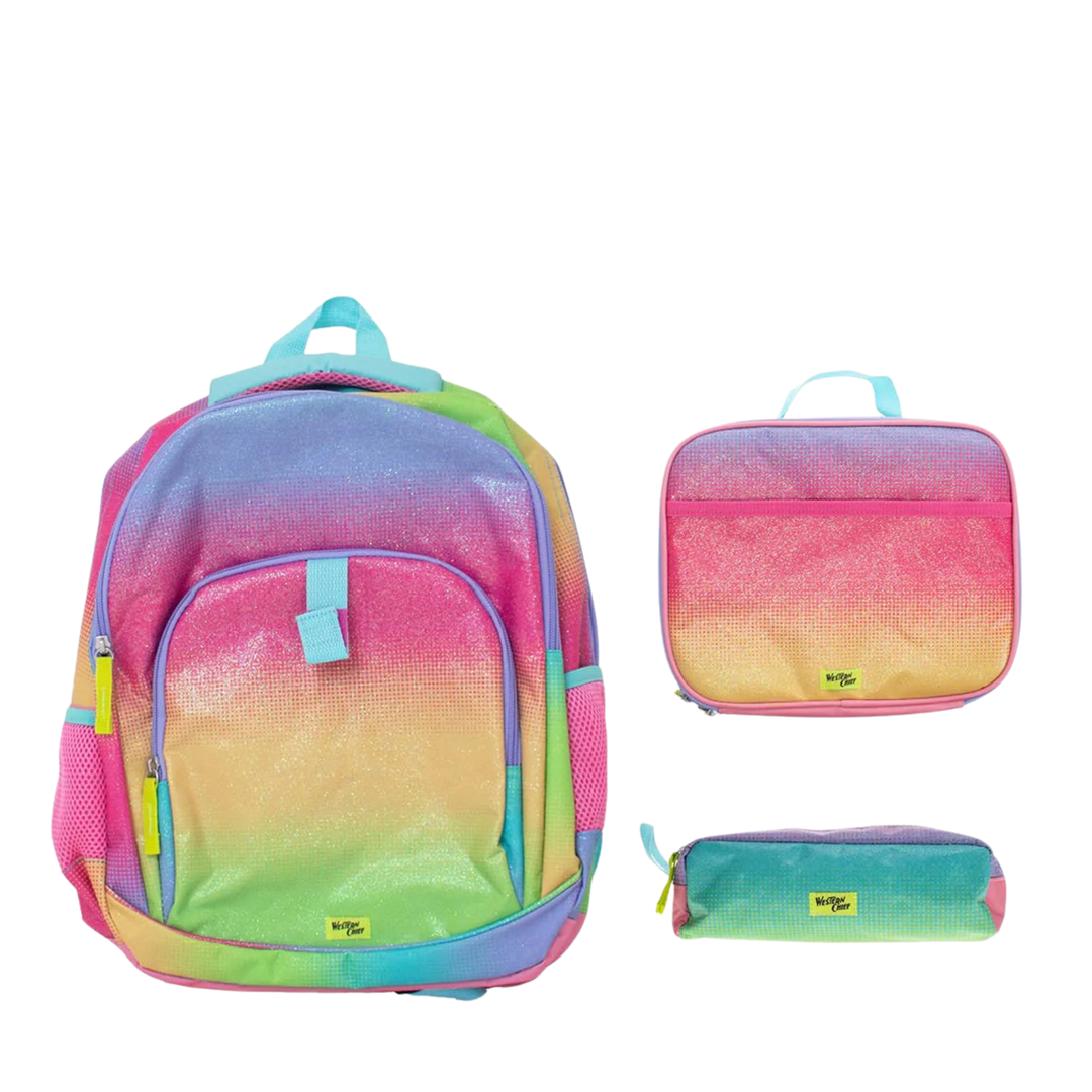 front view of Western Chief Kids' Ombre Glitter Backpack - Mutli
lunch box and pencil case on white background