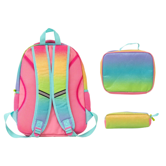 back view of Western Chief Kids' Ombre Glitter Backpack - Mutli
lunch box and pencil case on white background