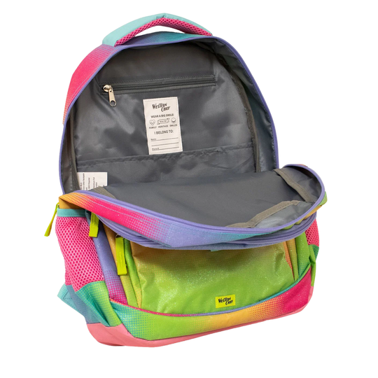 Zipper opened of Western Chief Kids' Ombre Glitter Backpack - Mutli on white background