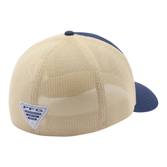 back of Columbia PFG Fish Flag Mesh Ball Cap - Collegiate Navy on white background