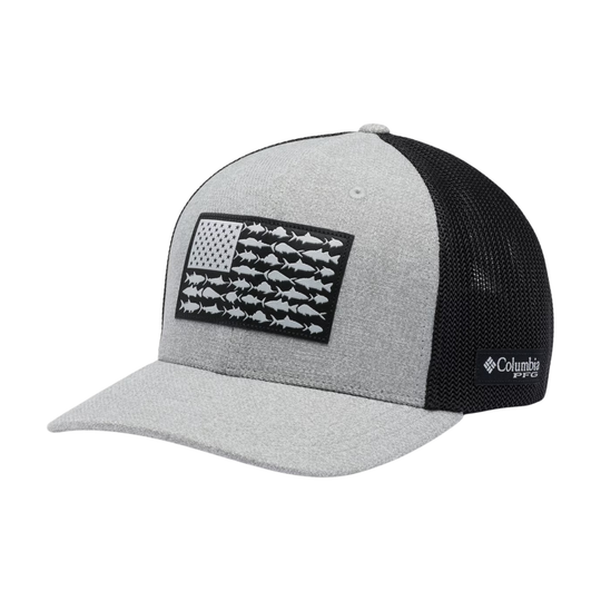 Columbia PFG Fish Flag Mesh Ball Cap - Cool Grey Heather/Grill/US Fish Flag on white background