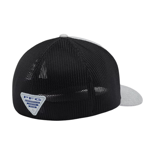 back of Columbia PFG Fish Flag Mesh Ball Cap - Cool Grey Heather/Grill/US Fish Flag on white background