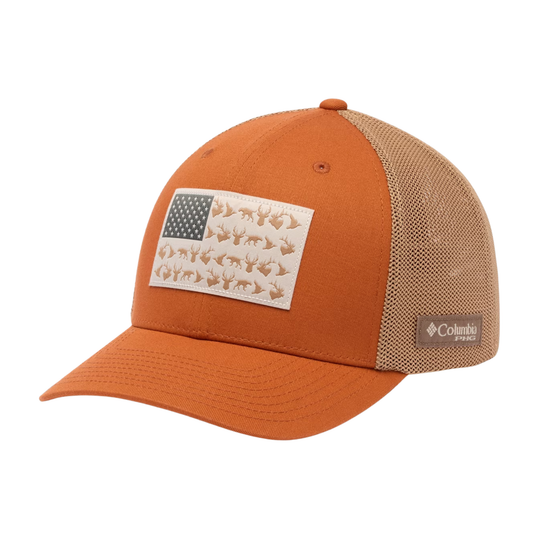 Columbia PHG Game Flag Mesh Ball Cap - Cedar Hunting on white background