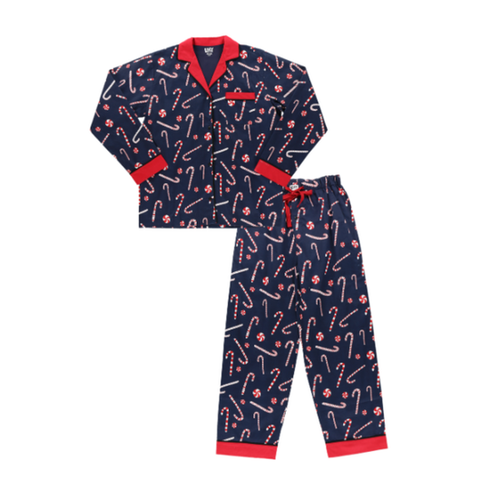 A two-piece pajama set featuring a long-sleeve button-front top and matching pants in navy blue with a white and red candy cane and floral pattern, finished with red trim and a red drawstring.