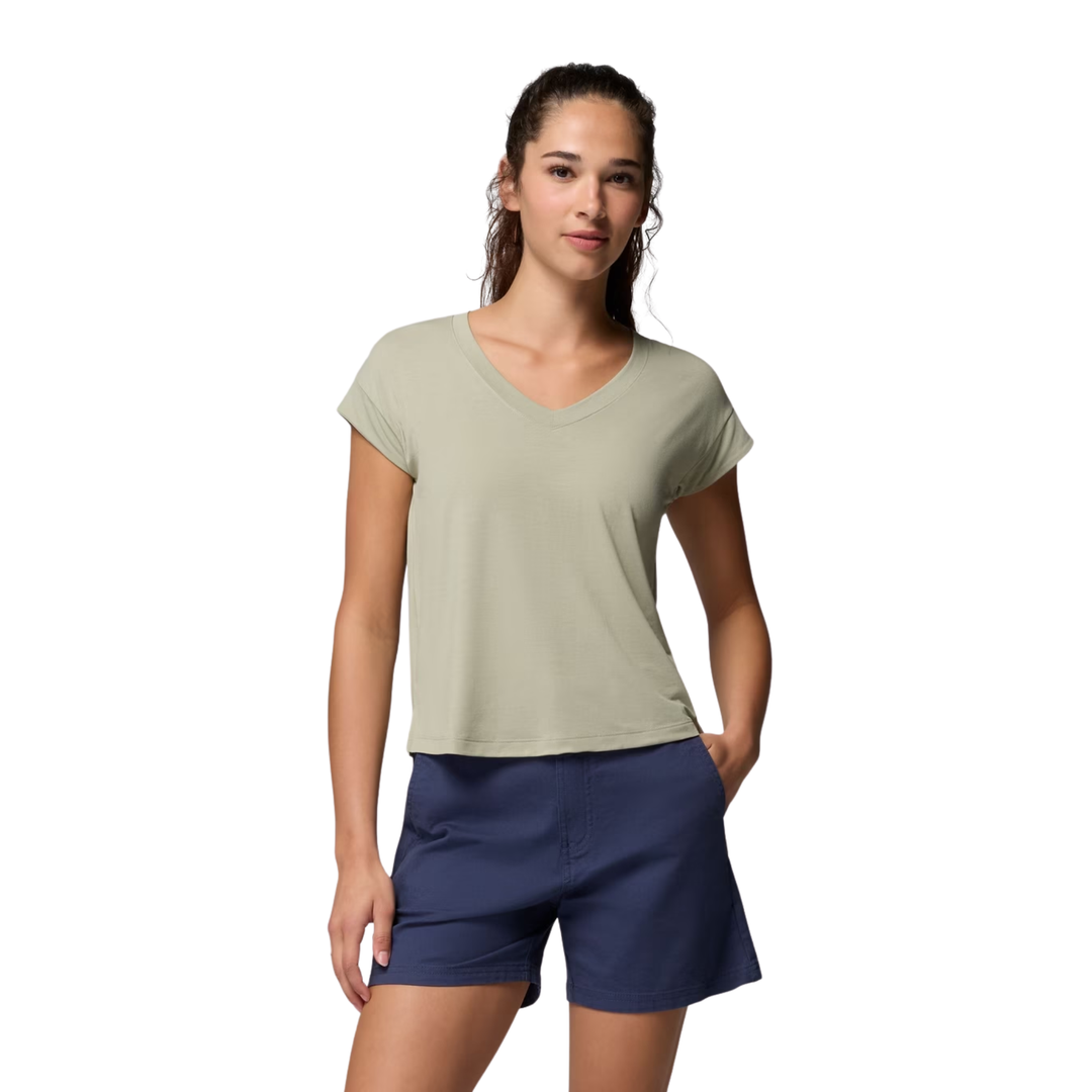woman wearing Columbia Women's Daniela Falls V Neck Short Sleeve T Shirt - Safari on white background