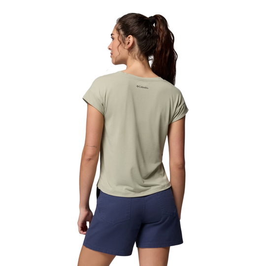 back of woman wearing Columbia Women's Daniela Falls V Neck Short Sleeve T Shirt - Safari on white background