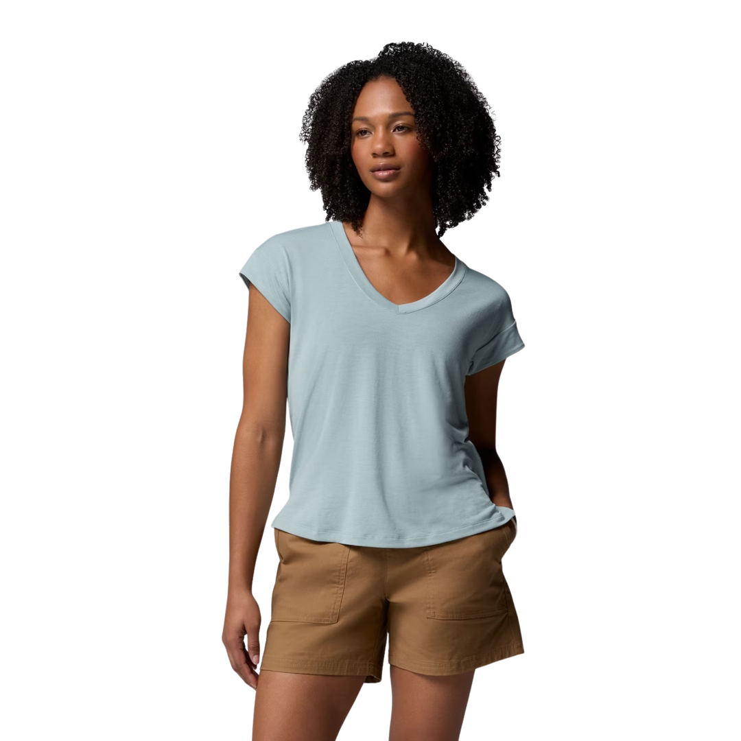 Woman wearing Columbia Women's Daniela Falls V Neck Short Sleeve T Shirt - Crushed Blue on white background