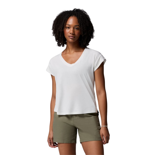 Woman wearing Columbia Women's Daniela Falls V Neck Short Sleeve T Shirt - Sea Salt on white background
