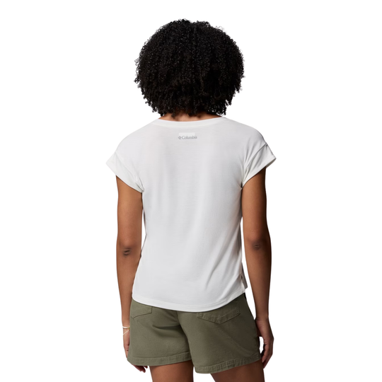 back of Woman wearing Columbia Women's Daniela Falls V Neck Short Sleeve T Shirt - Sea Salt on white background