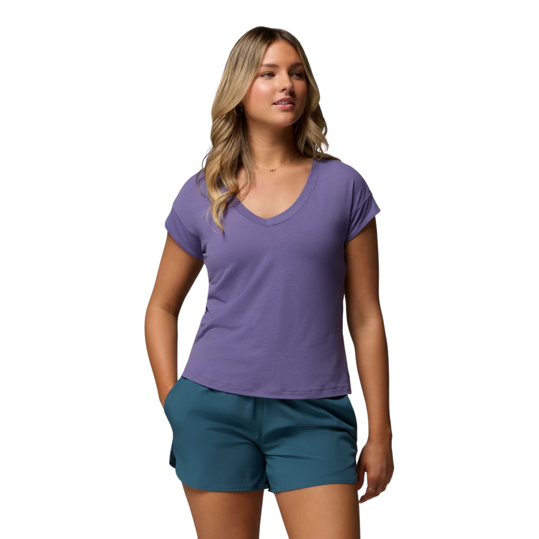 Woman wearing Columbia Women's Daniela Falls V Neck Short Sleeve T Shirt - Stormwatch on white background