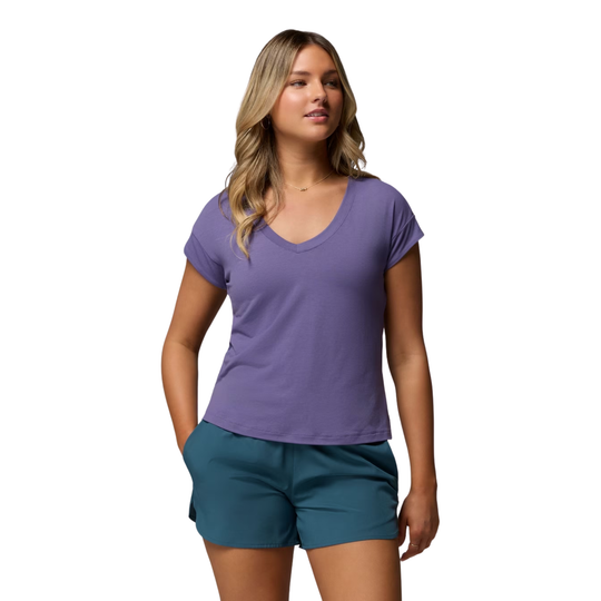 Woman wearing Columbia Women's Daniela Falls V Neck Short Sleeve T Shirt - Stormwatch on white background