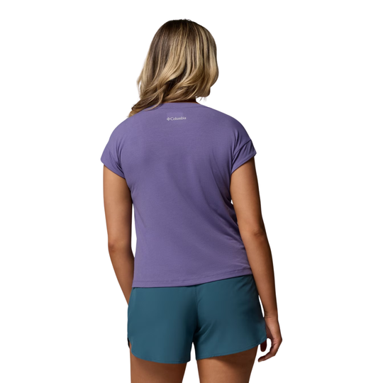 back of Woman wearing Columbia Women's Daniela Falls V Neck Short Sleeve T Shirt - Stormwatch on white background