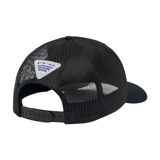 back of Columbia PFG Fish Flag Mesh Snapback - Black/Cool Grey on white background