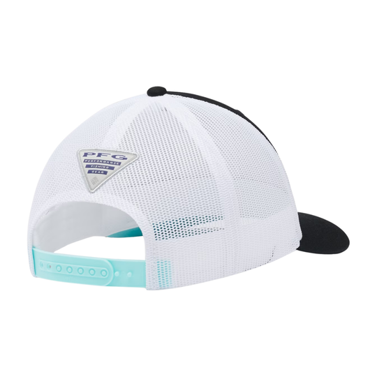 Back of Columbia PFG Fish Flag Mesh Snapback - Black/White on white background