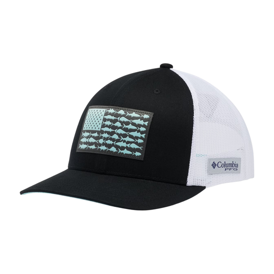 Columbia PFG Fish Flag Mesh Snapback - Black/White on white background