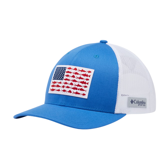 Columbia PFG Fish Flag Mesh Snapback - Vivid Blue White on white background