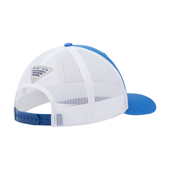 back of Columbia PFG Fish Flag Mesh Snapback - Vivid Blue White on white background