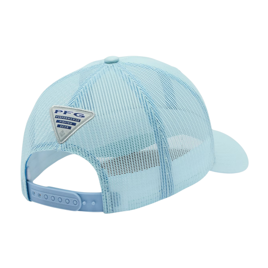 Back of Columbia PFG Fish Flag Mesh Snapback - Marine Light on white background