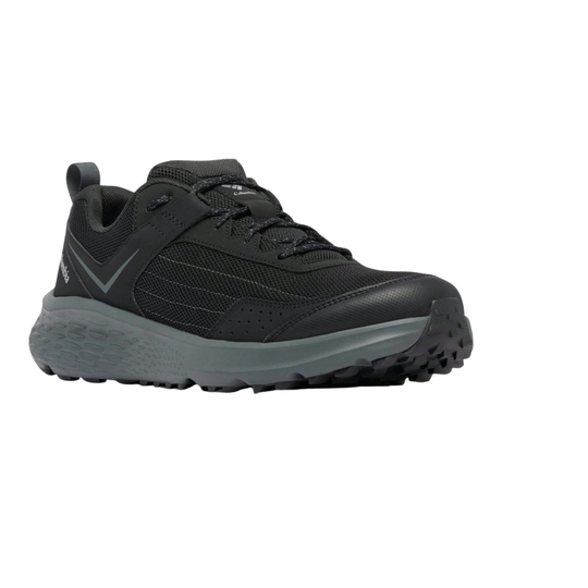 A black trail running shoe with a gray midsole and outsole, shown from a side profile view on a plain white background.