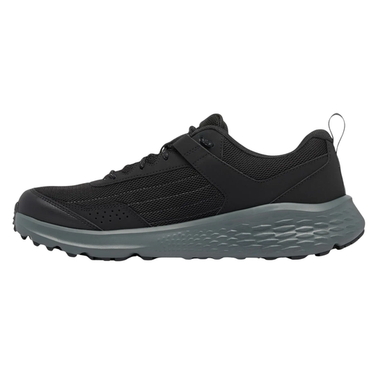 Black running shoe with red accents on a white background