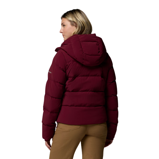 back of Woman wearing Columbia Women's Amaze Puff Hooded Jacket - Rich Wine on a plain white background