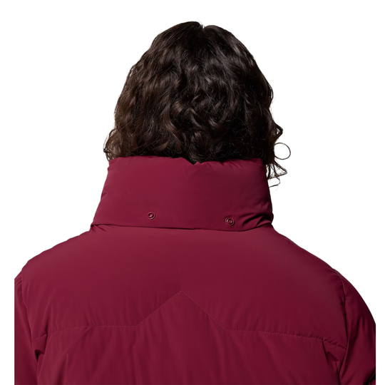 Woman wearing Columbia Women's Amaze Puff Hooded Jacket - Rich Wine on a plain white background. Showing detachable hood and expose snappable buttons. 
