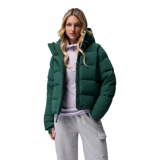 woman wearing Columbia Women's Amaze Puff Hooded Jacket - Rain Forest on plain white background