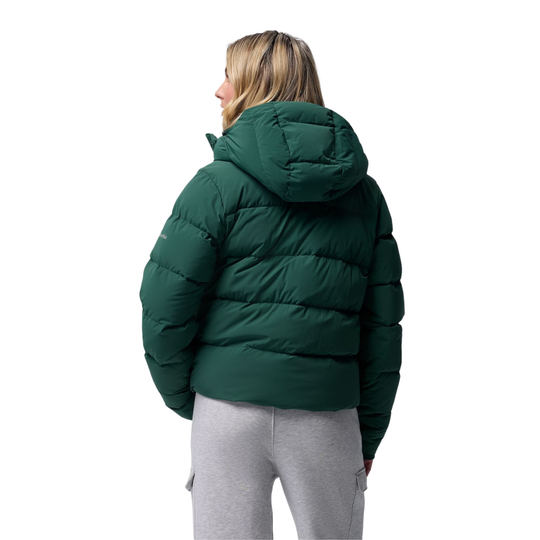 back of woman wearing Columbia Women's Amaze Puff Hooded Jacket - Rain Forest on plain white background