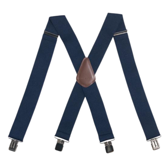 A pair of navy blue suspenders with a brown leather center patch and silver metal clips, laid flat on a white background.