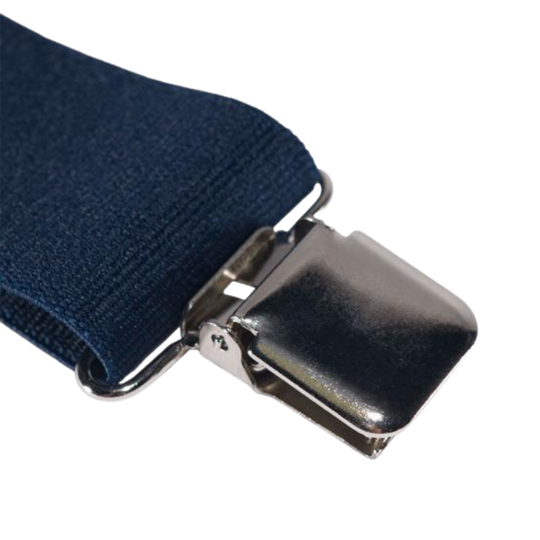 Carhartt Rugged Flex Elastic Suspenders - Navy on a plain white background. Zoomed in metal clip.