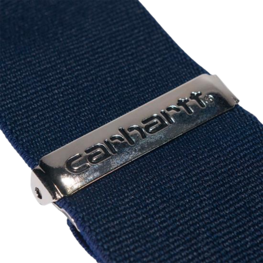 Carhartt Rugged Flex Elastic Suspenders - Navy on a plain white background. Zoomed in metal Carhartt logo. 