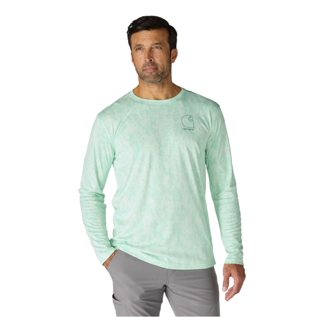 man wearing Carhartt Men's Force Sun Defender Relaxed Long Sleeve T Shirt - Fresh Mint Camo on a plain white background