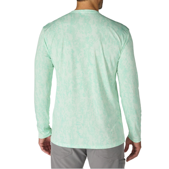 back of man wearing Carhartt Men's Force Sun Defender Relaxed Long Sleeve T Shirt - Fresh Mint Camo on a plain white background