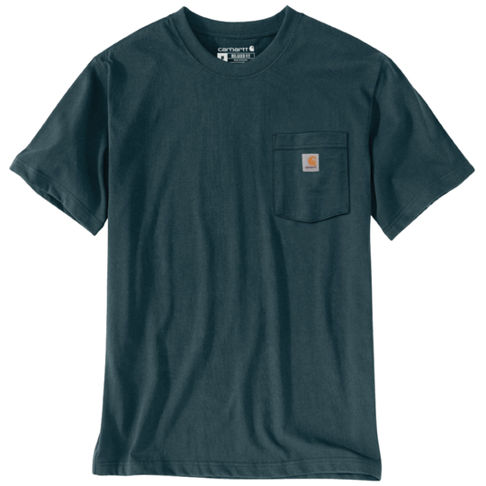 A dark teal-green Carhartt short-sleeve t-shirt with a chest pocket and the signature Carhartt logo patch on the left chest, displayed against a plain white background.