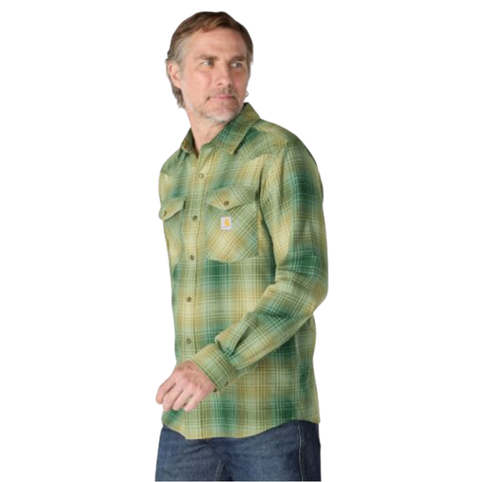 side view of Man wearing Carhartt Men's Montana Rugged Flex Relaxed Fit Lightweight Long Sleeve Plaid Shirt - Faded Fatigue on a plain white background
