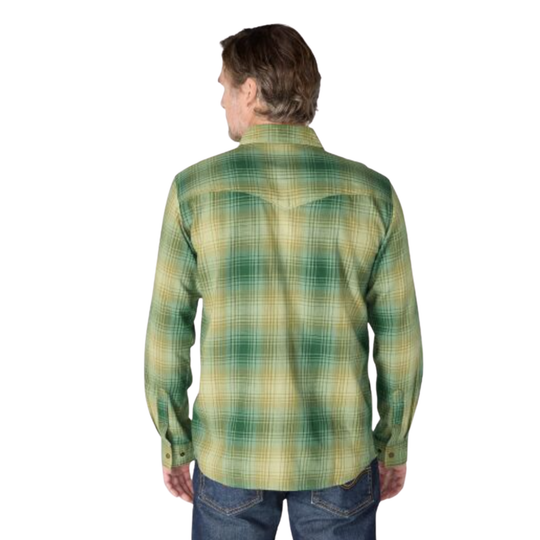 back of Man wearing Carhartt Men's Montana Rugged Flex Relaxed Fit Lightweight Long Sleeve Plaid Shirt - Faded Fatigue on a plain white background