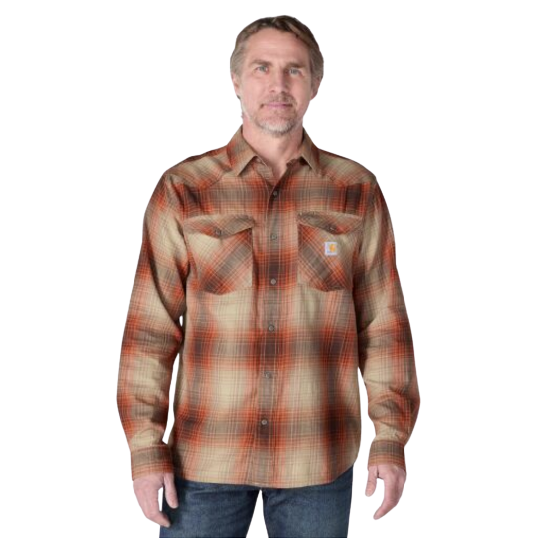 Man wearing Carhartt Men's Montana Rugged Flex Relaxed Fit Lightweight Long Sleeve Plaid Shirt - Dark Clove on a plain white background