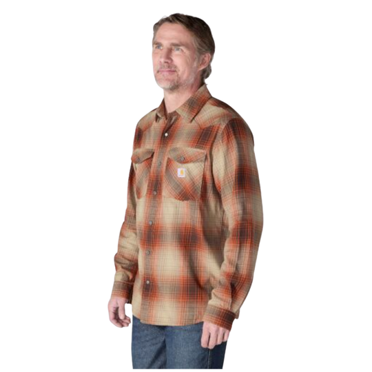 side view of Man wearing Carhartt Men's Montana Rugged Flex Relaxed Fit Lightweight Long Sleeve Plaid Shirt - Dark Clove on a plain white background