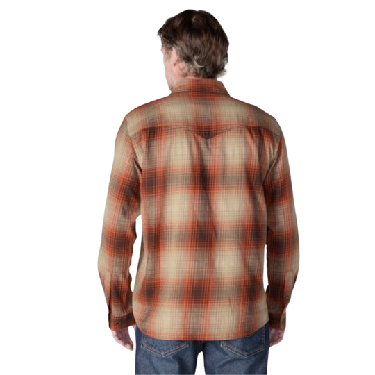 back of Man wearing Carhartt Men's Montana Rugged Flex Relaxed Fit Lightweight Long Sleeve Plaid Shirt - Dark Clove on a plain white background